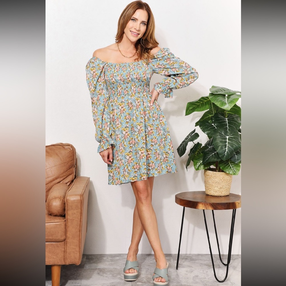 Honey Floral Smocked Flounce Sleeve Square Neck Dress